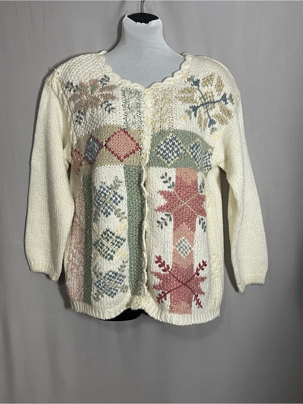 Colleen's Collection Women's Ivory Multicolor Patchwork Button Knit Cardigan